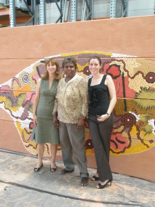Aranda staff, Anne Mavridis (left) and Erin O'Moore (right) with Gabriella Possum with her 20m art installation she completed for Jamie Durie's garden display at the Chelsea Flower Show 20th-24th May 2008.