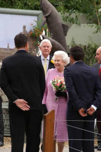 Queen Elizabeth at the Australian display at the Chelsea Flower Show where she accepted the Gabriella Possum painting that Aranda commissioned.